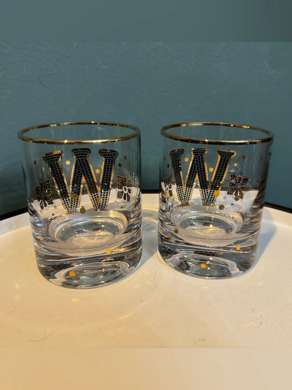 Pair of Anthropologie Bistro Tile Monogram High Ball Glasses - W initial
